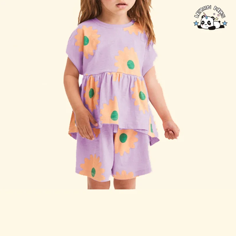 LEZONKIDS - New Arrivals Children Short Sleeve Shorts with Round Neck Flowers Print Sets for Children